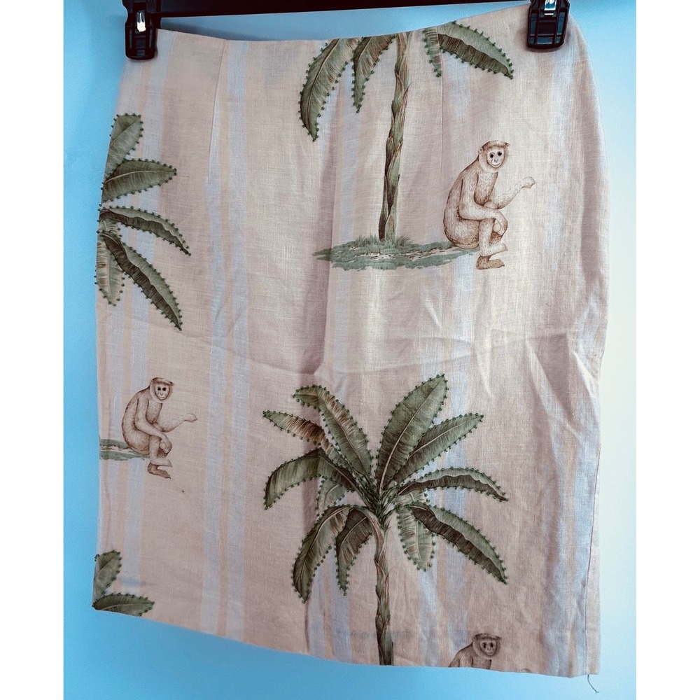 Silk Club Collection Skirt Womens 12 Tan Monkey Palm Tree Linen Pencil Lined